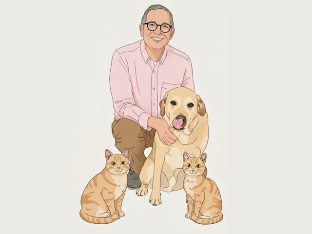 Illustration of a smiling man kneeling with a yellow labrador and two orange tabby cats
